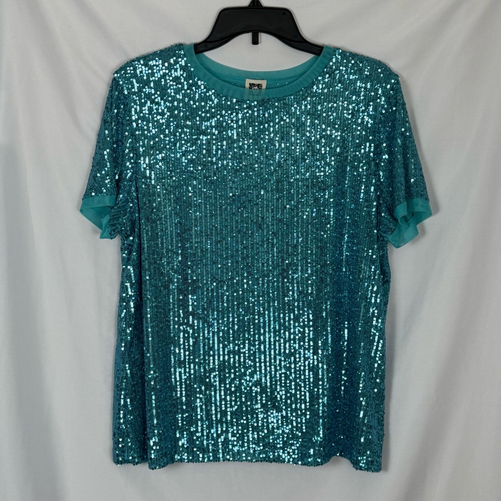 Anne Klein Teal/Blue Short Sleeve Sequined Blouse.  NWT.  Size 0X.  Fully Lined.